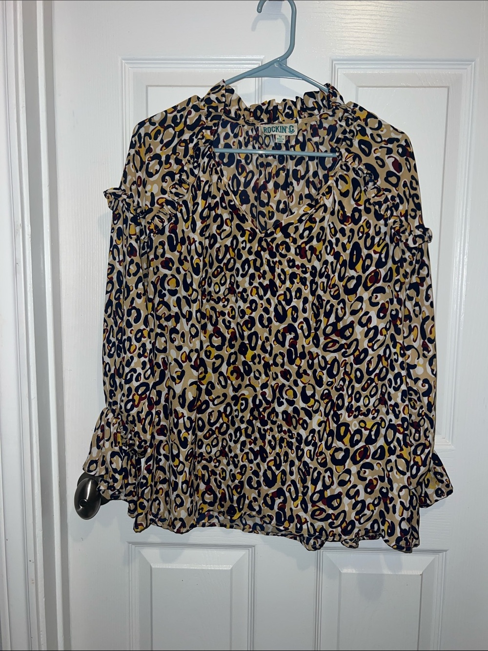 Leopard Print Ruffle Neck Blouse - Beige/Black